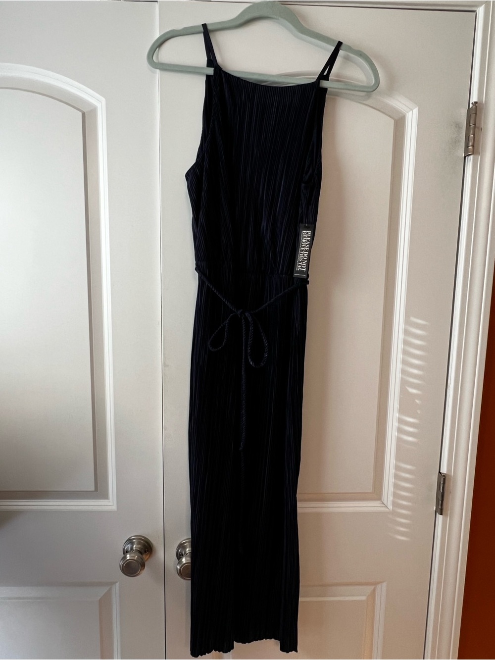 New York & Company Navy Pleated Maxi Dress with Tie Waist